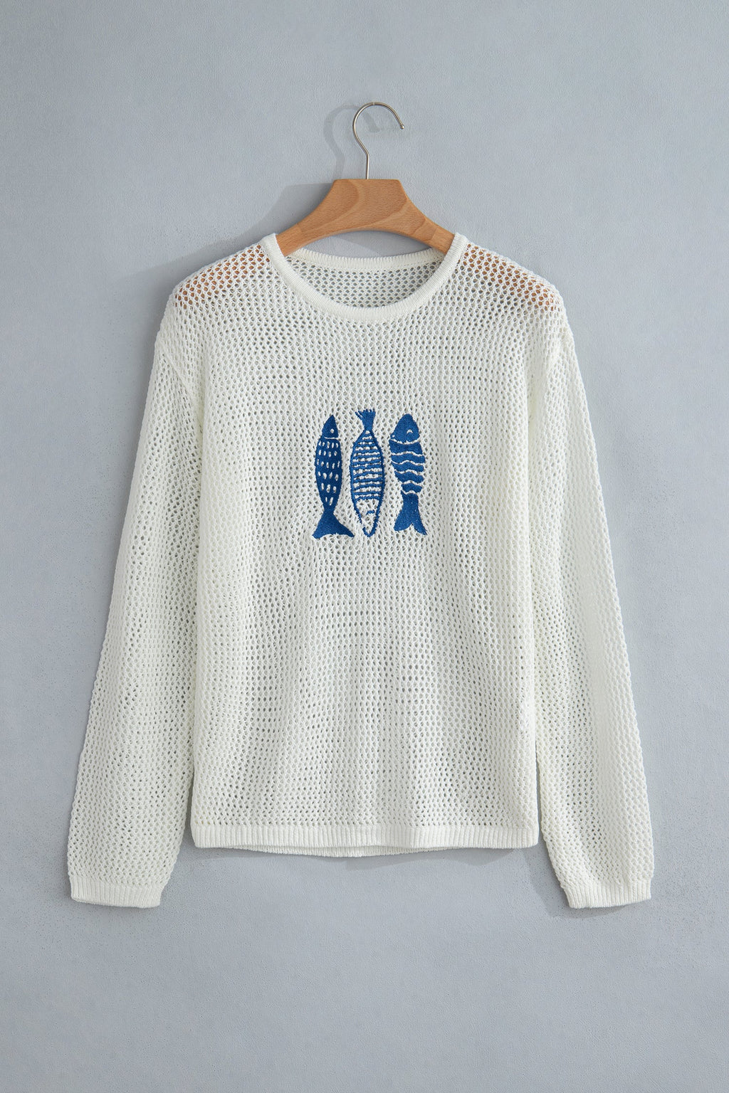 Fish Embroidered Crew Neck Crochet Knit Sweater