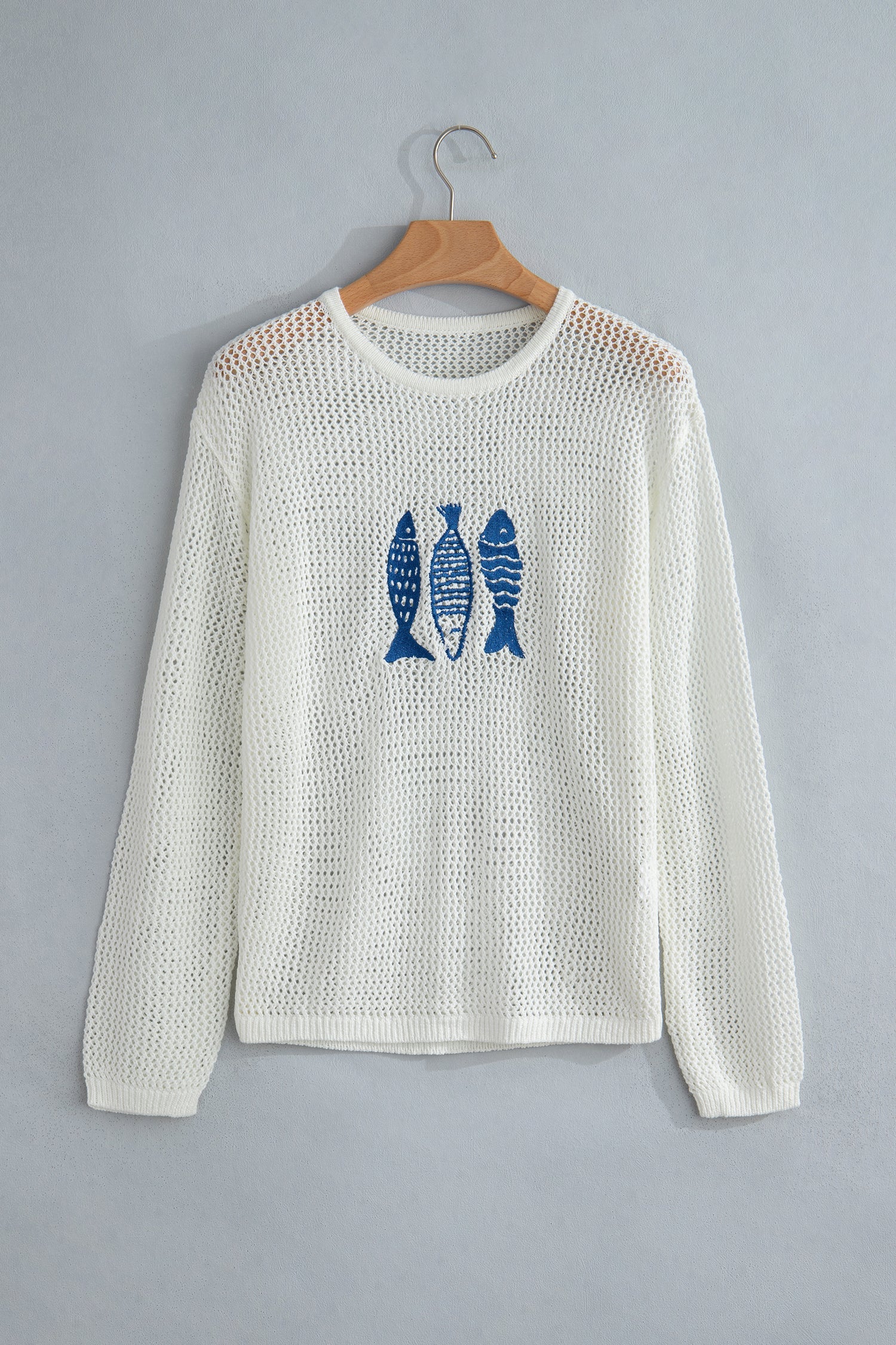 Fish Embroidered Crew Neck Crochet Knit Sweater