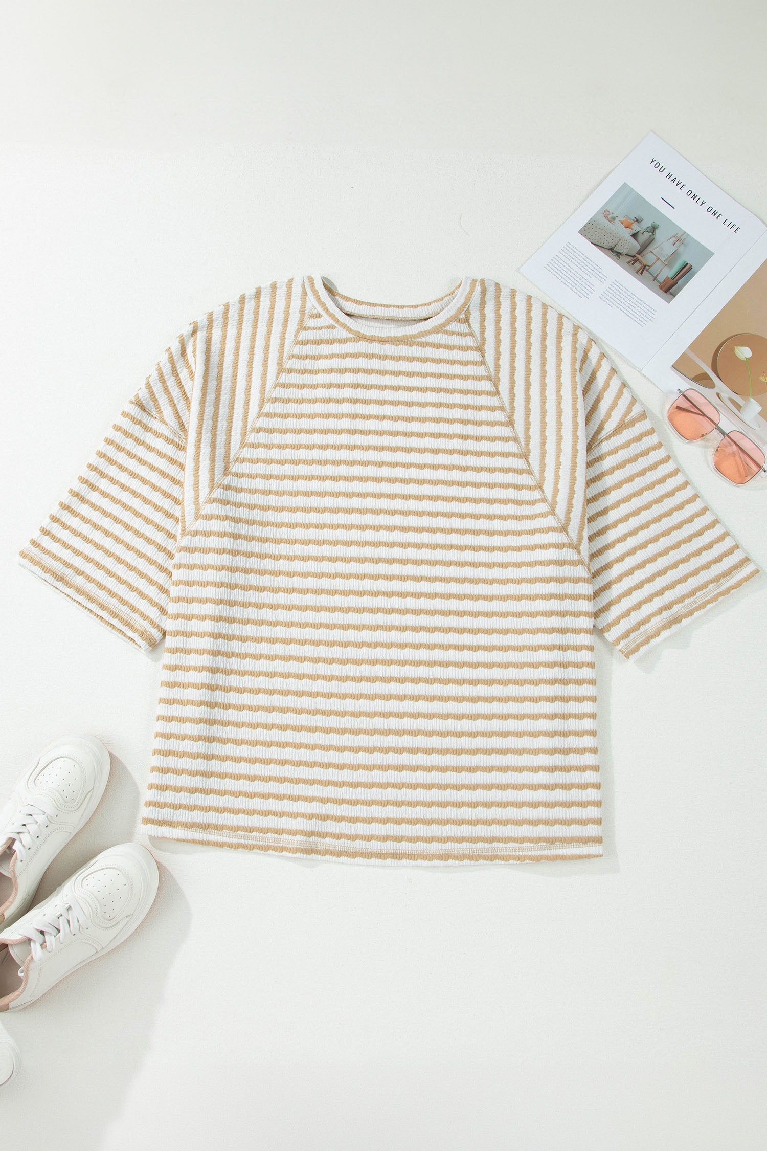 Plus Size Stripe Textured Patchwork 3/4 Sleeve Top