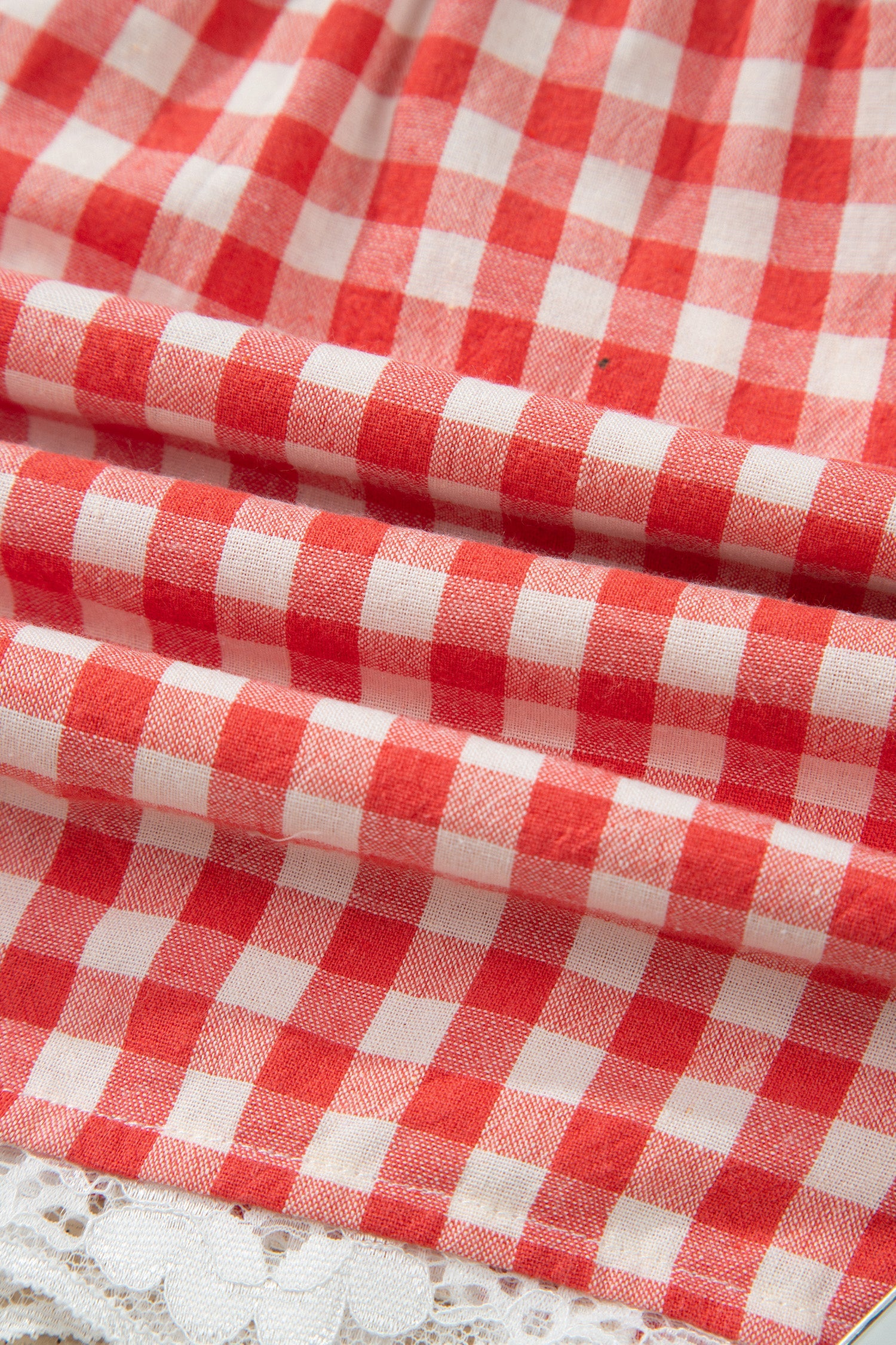 Gingham Plaid Tie Waist Lace Hem Shorts