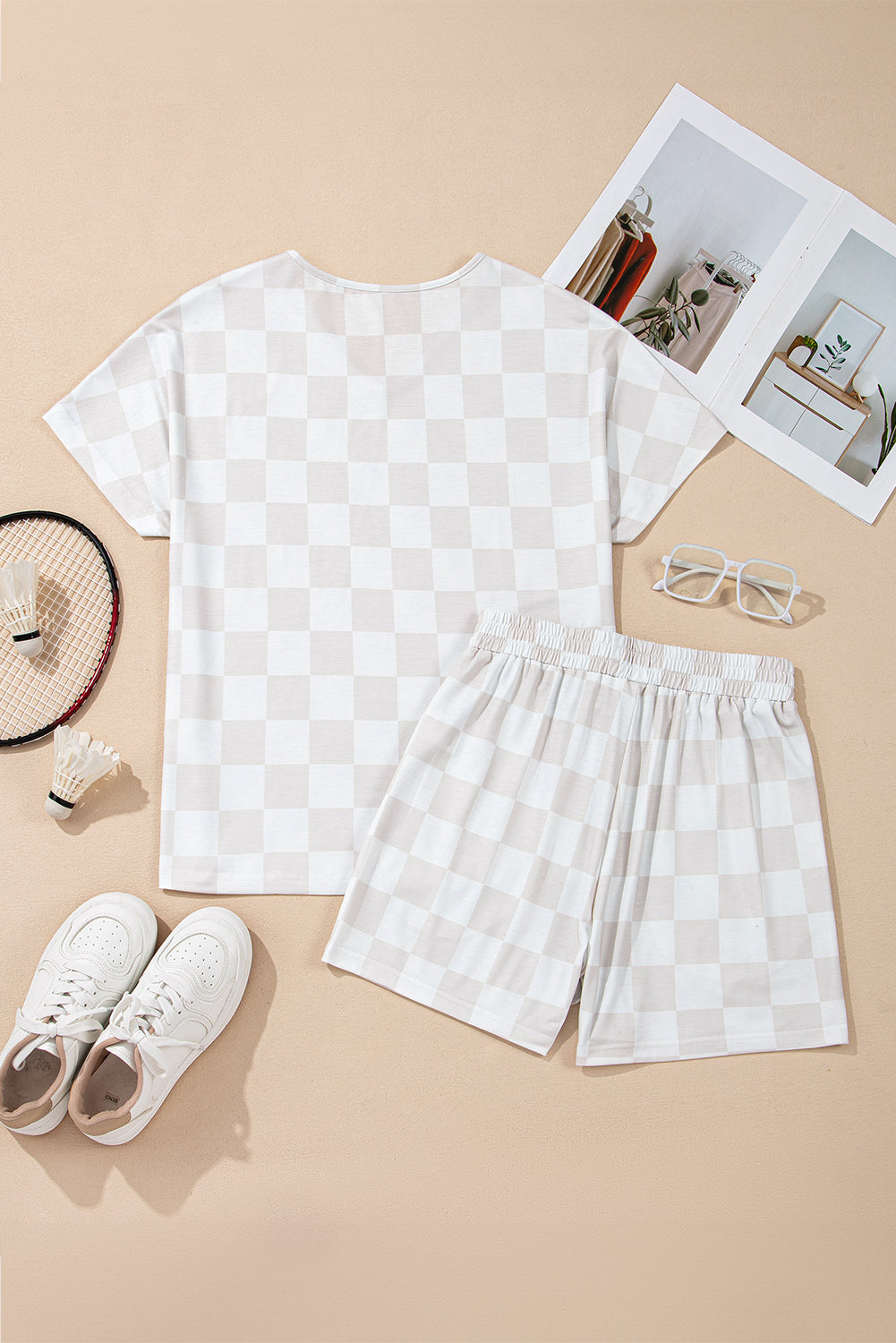 Checker V-Neck Tee & Drawstring Shorts Set