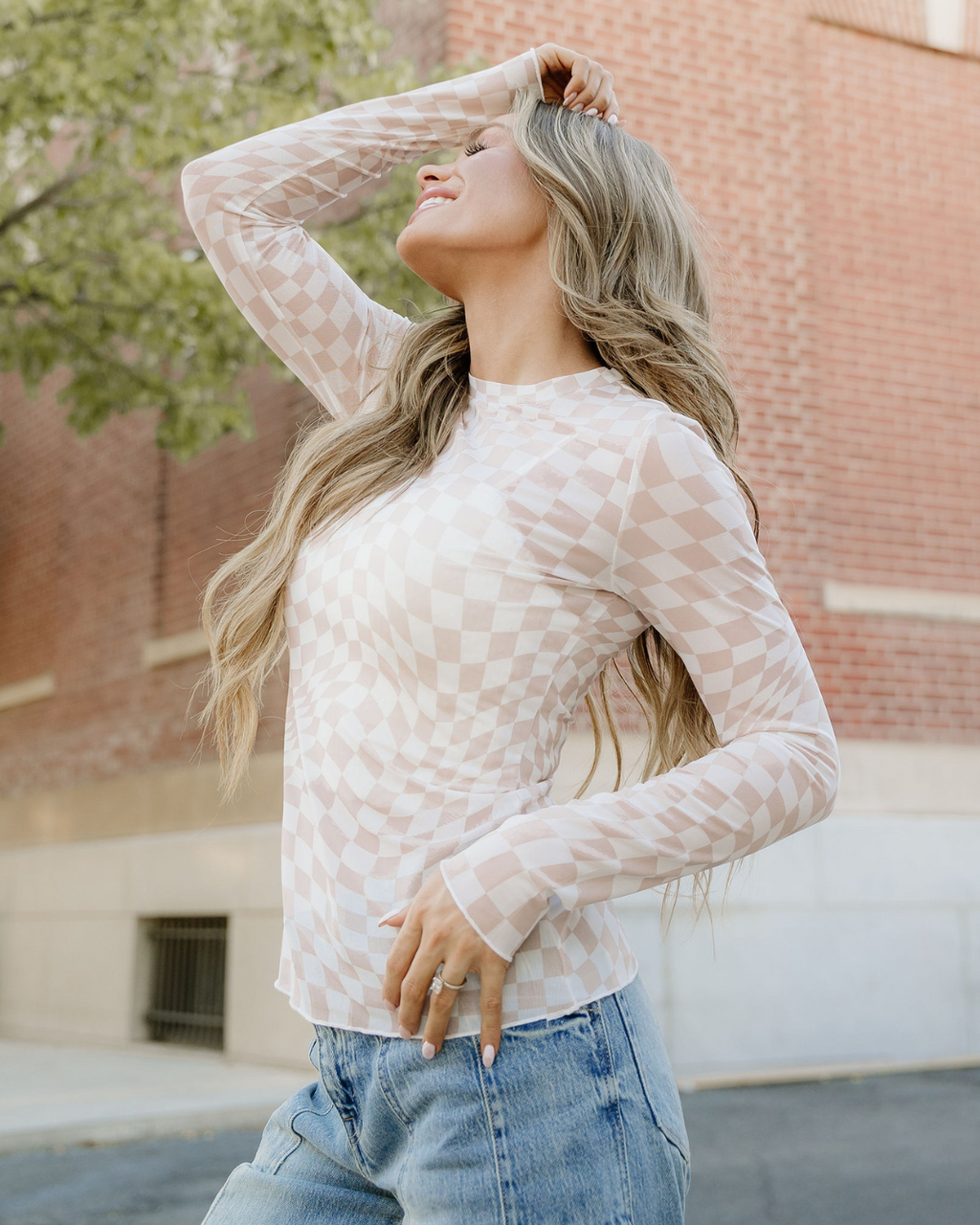 Sheer Checkered Top - Khaki