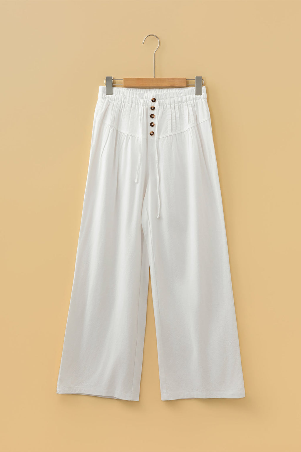 Solid Buttoned Drawstring Waist Pleated Wide Leg Pants