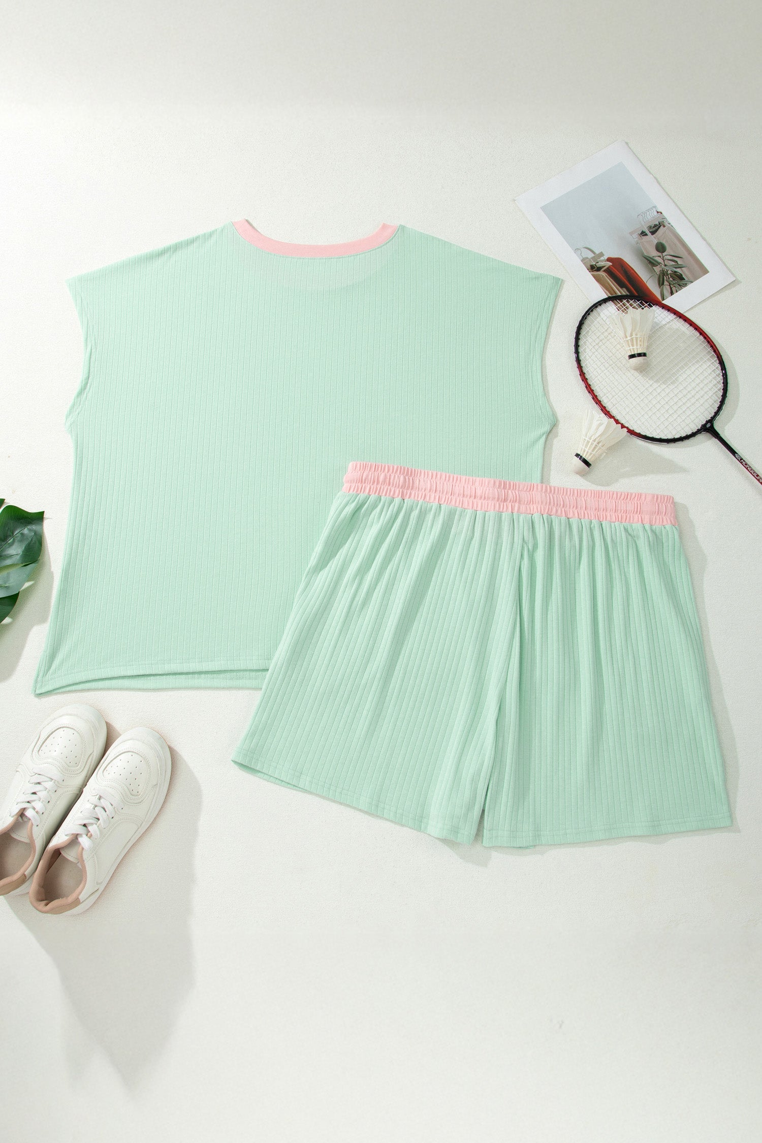 Plus Size Colorblock Ribbed Top & Drawstring Shorts Set