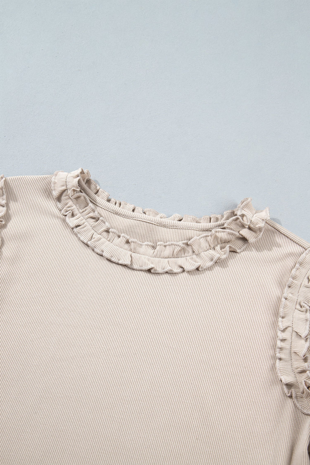 Solid Ribbed Knit Frilled Long Sleeve Top