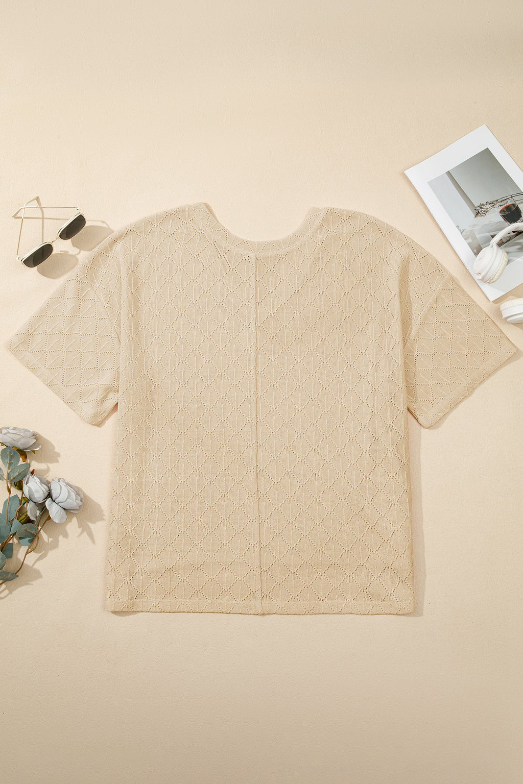 Plus Size Solid Pointelle Knit Rhombus V-Neck Top