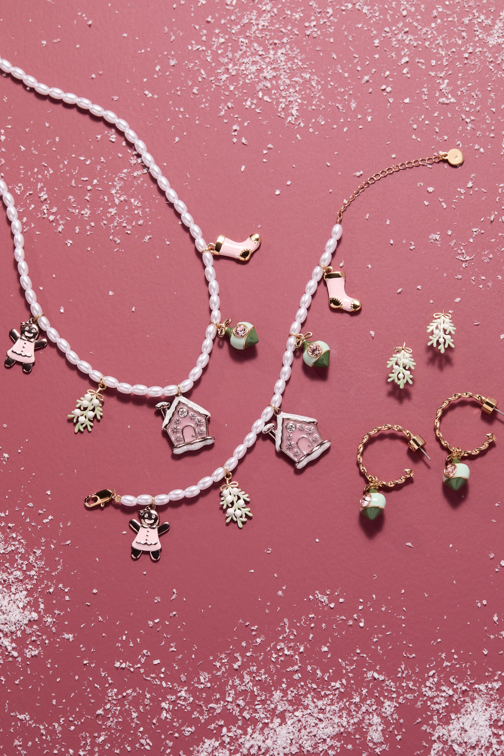 Pink Christmas Beaded Charm Necklace