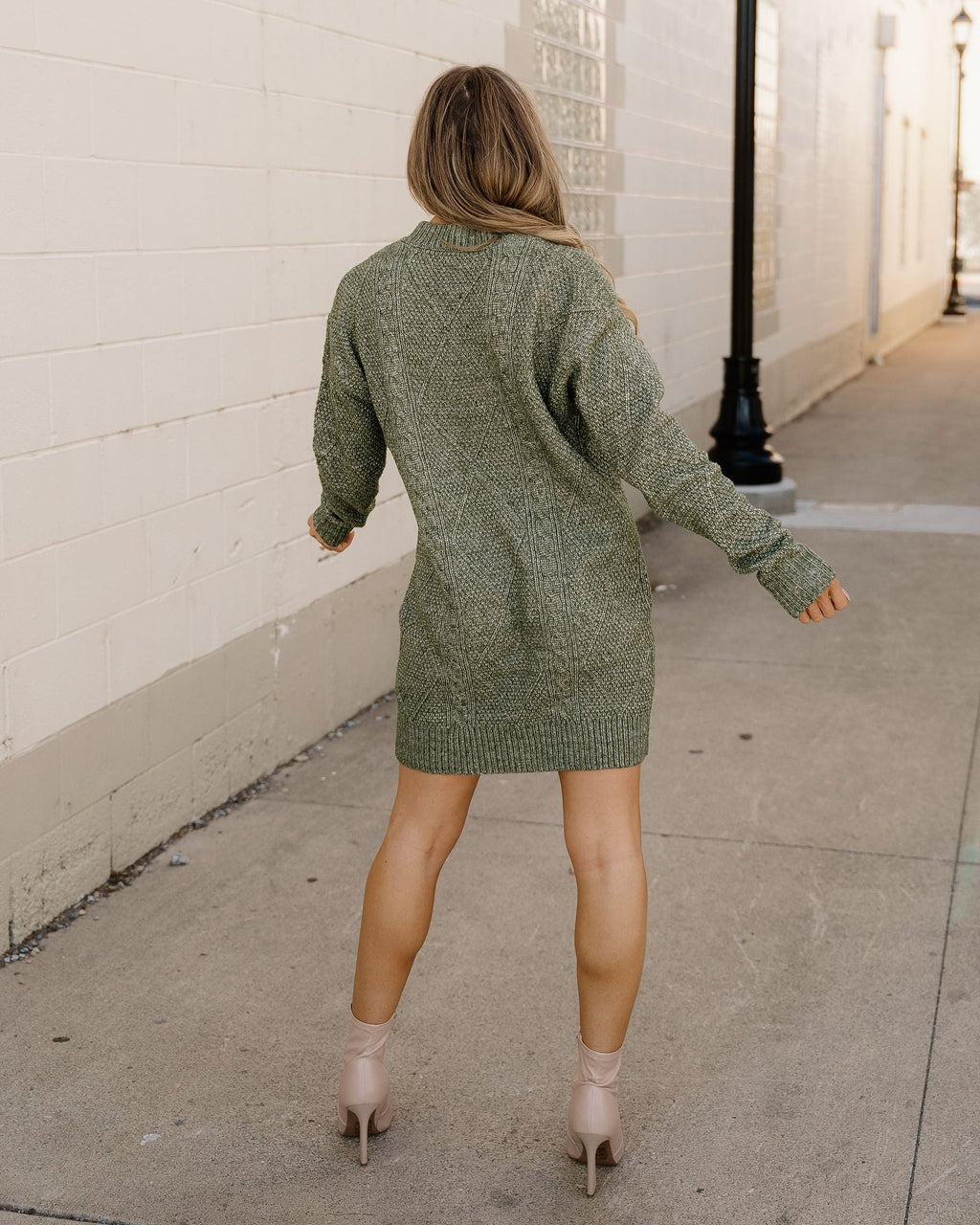 Cable Knit Sweater Dress - Green