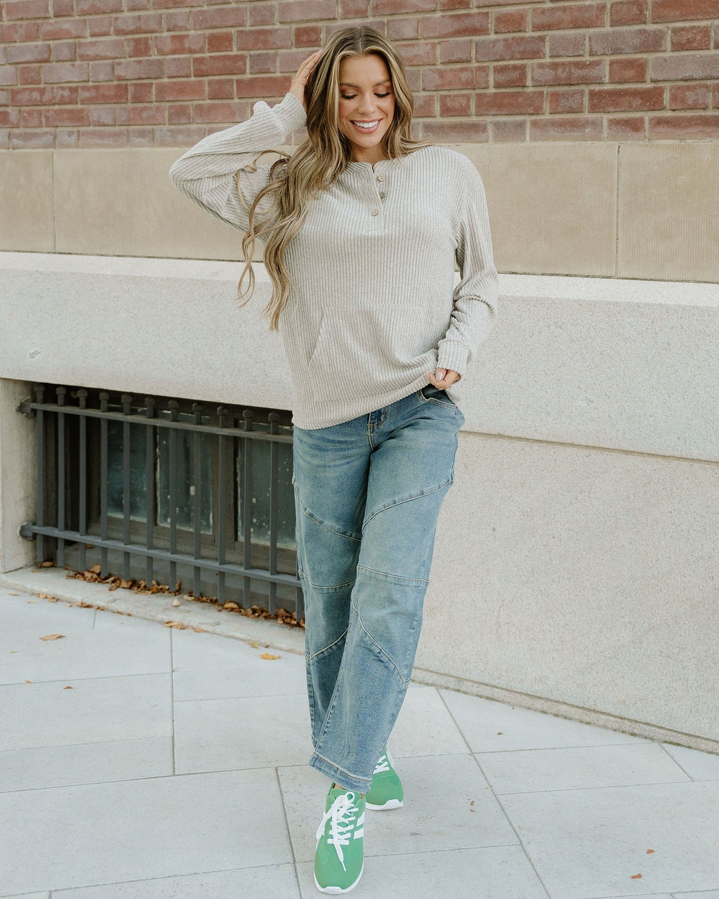 Addison Ribbed Texture Drop Shoulder Henley Knit Top