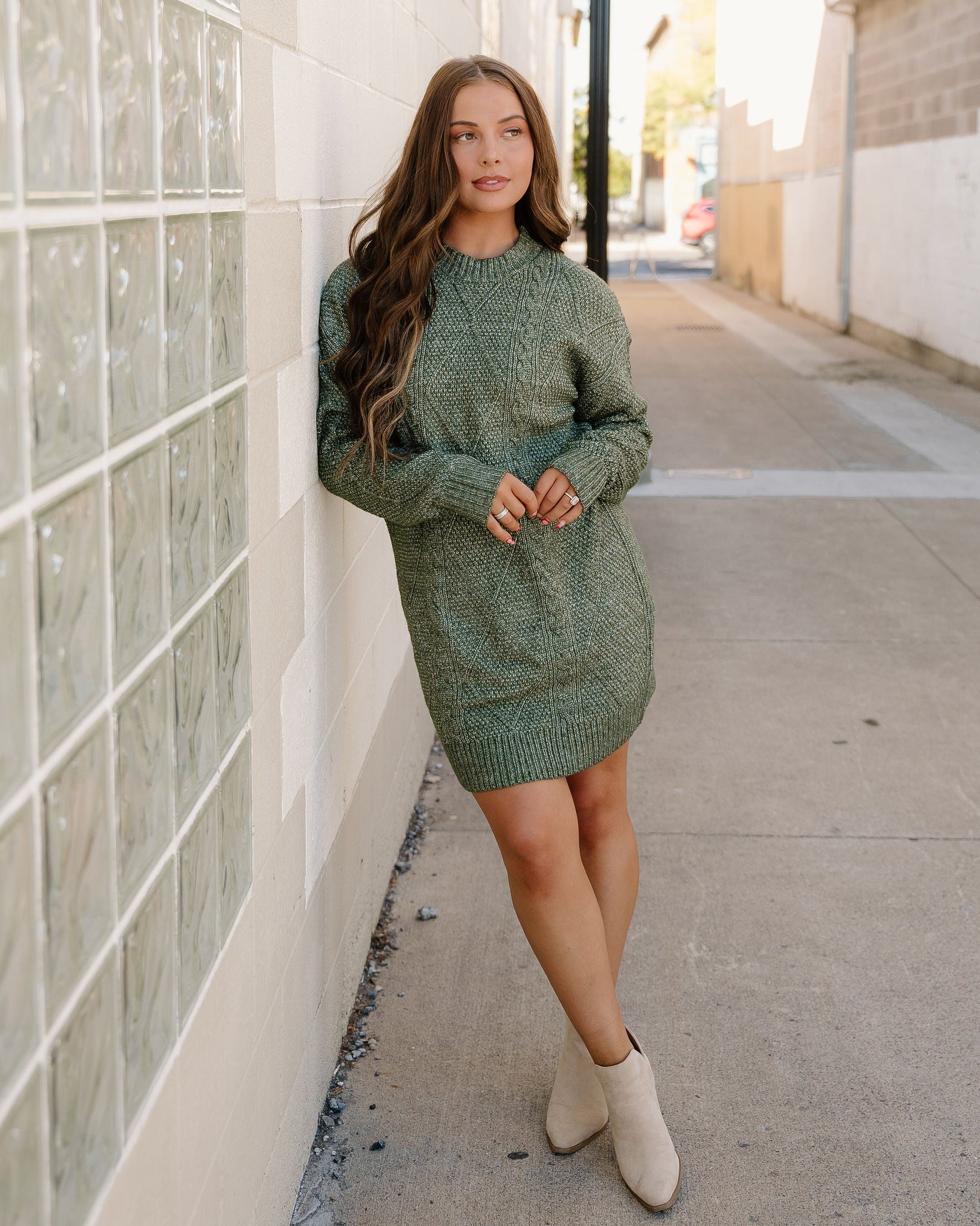 Cable Knit Sweater Dress - Green