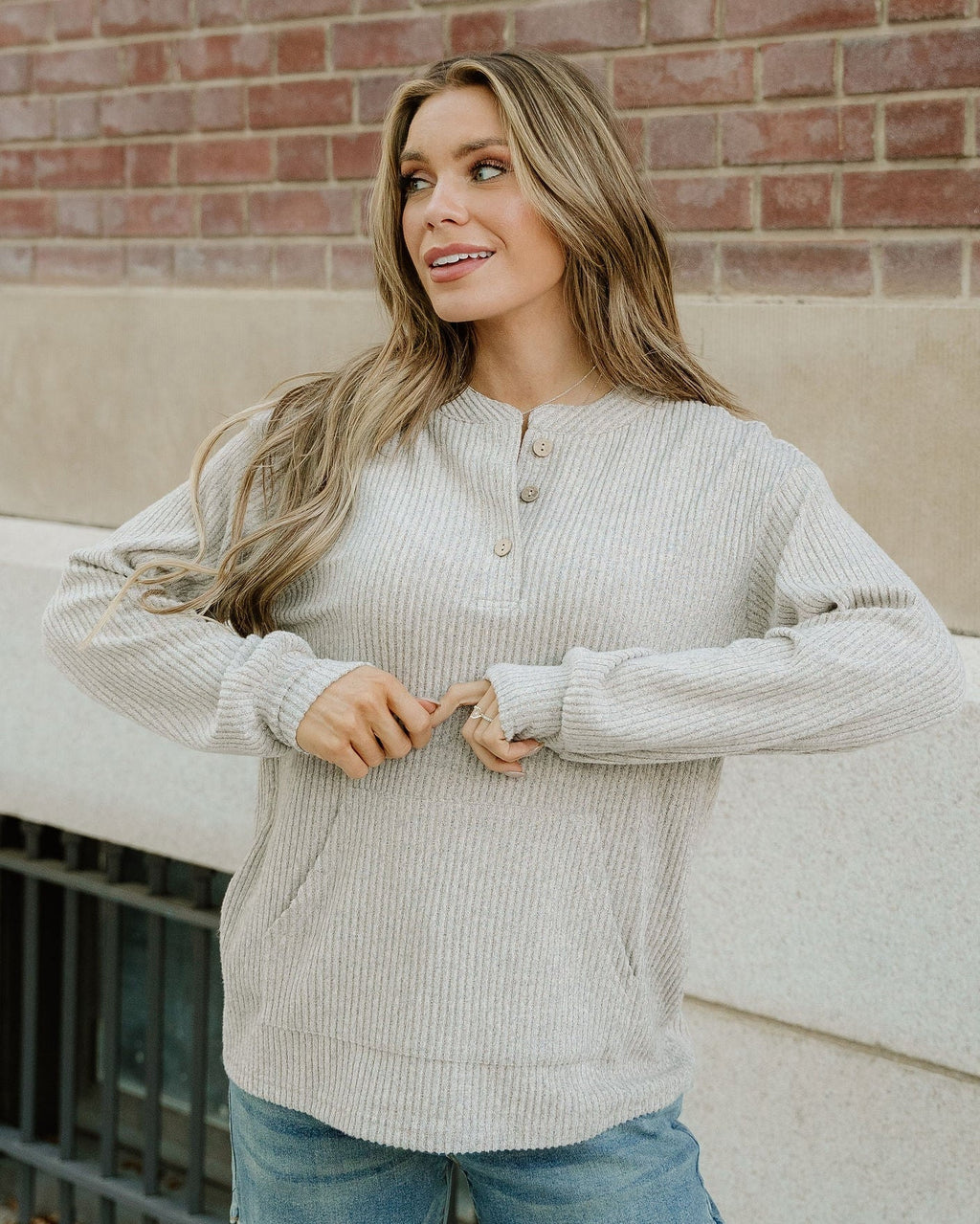 Addison Ribbed Texture Drop Shoulder Henley Knit Top