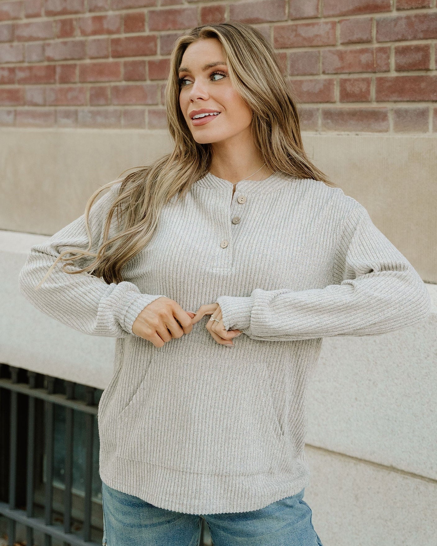 Addison Ribbed Texture Drop Shoulder Henley Knit Top