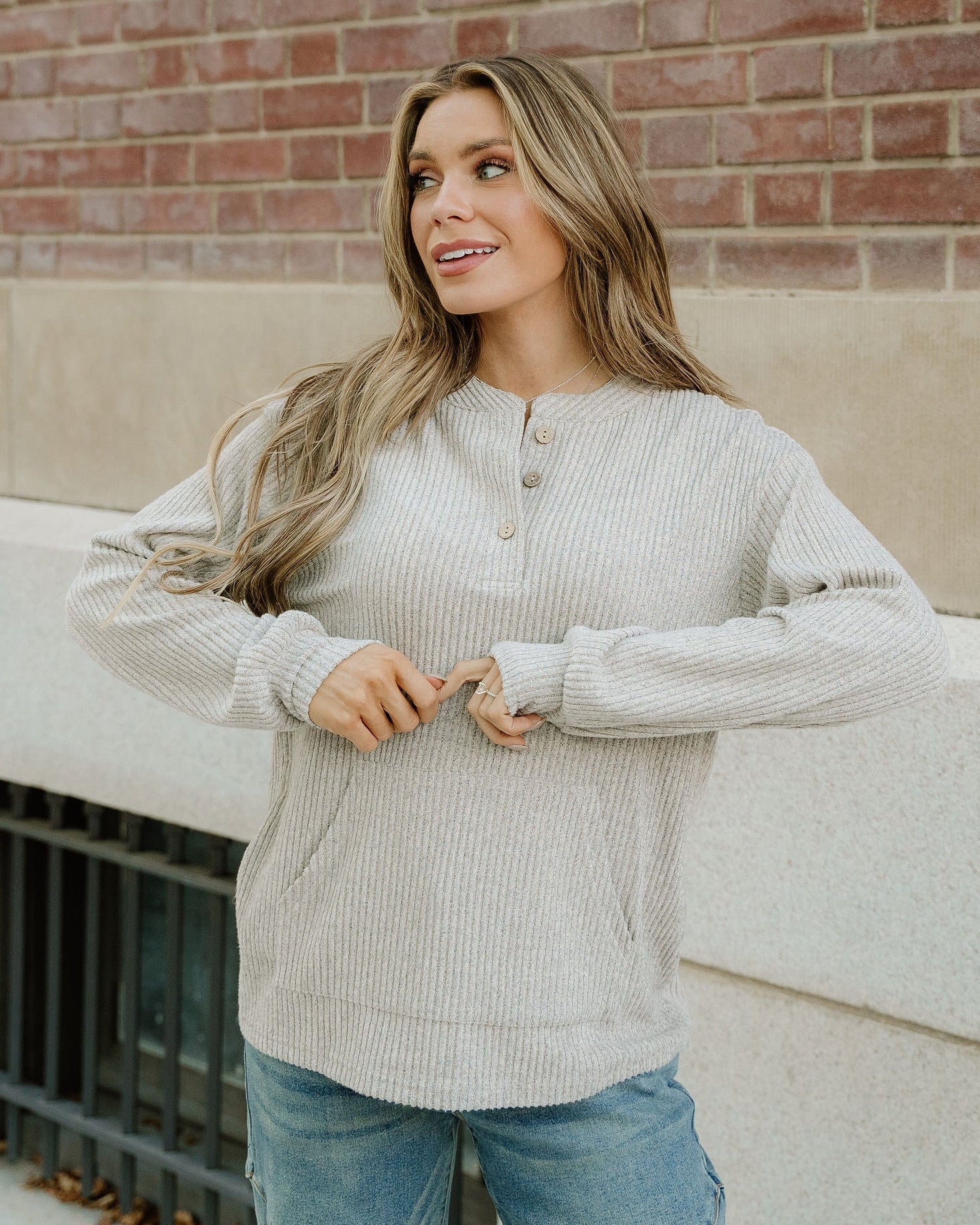 Addison Ribbed Texture Drop Shoulder Henley Knit Top