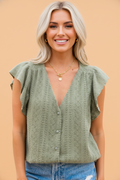 Lace Textured Flutter Sleeve Buttoned V-Neck Shirt