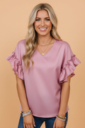 Solid Satin Ruffle Short Sleeve V-Neck Top