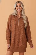 Solid Cable Knit Zip-Up Collar Long Sleeve Sweater Dress