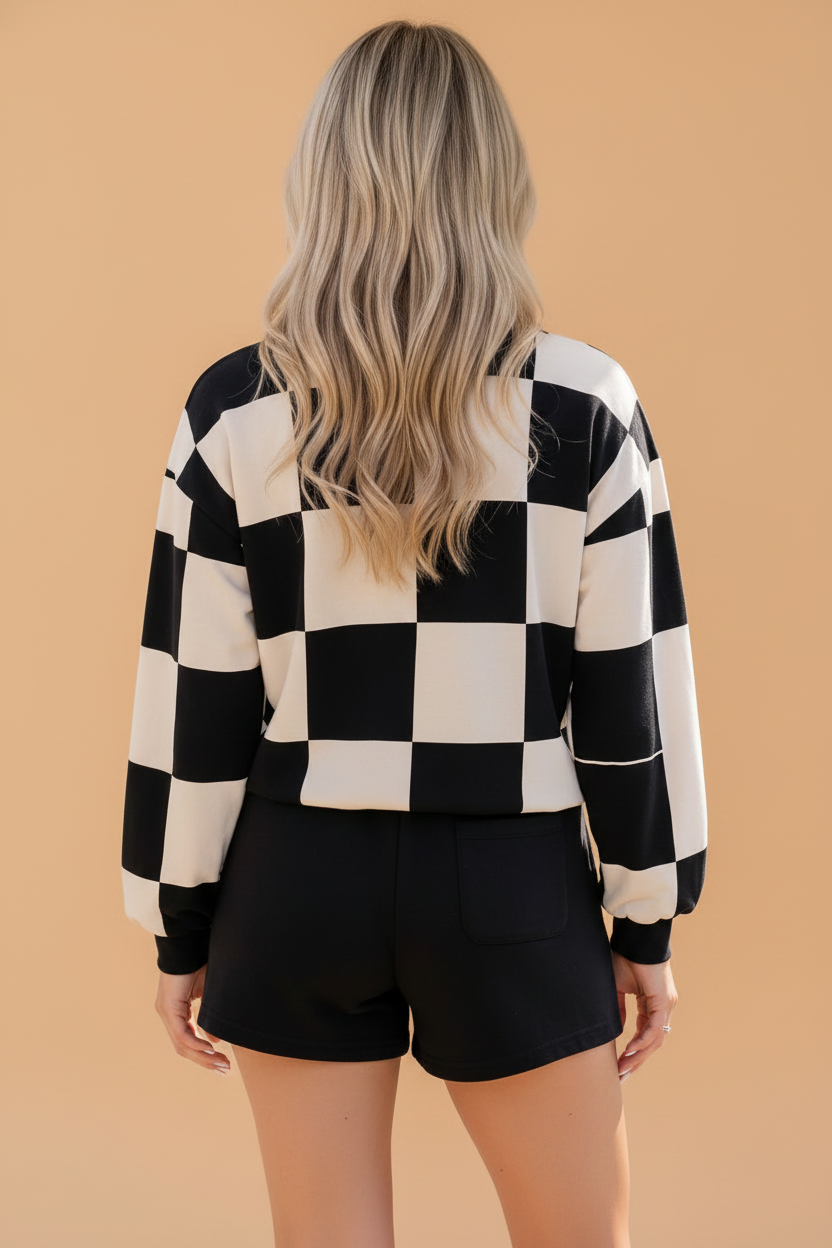 Checker Long Sleeve Top & Drawstring Shorts Set