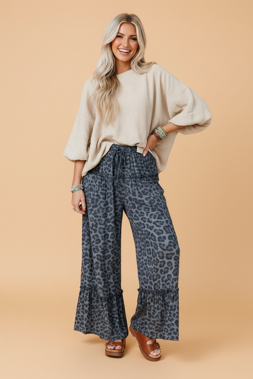 Leopard Frilled Drawstring Waist Wide Leg Pants