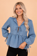 Denim Lapel Collar Balloon Sleeve Peplum Top