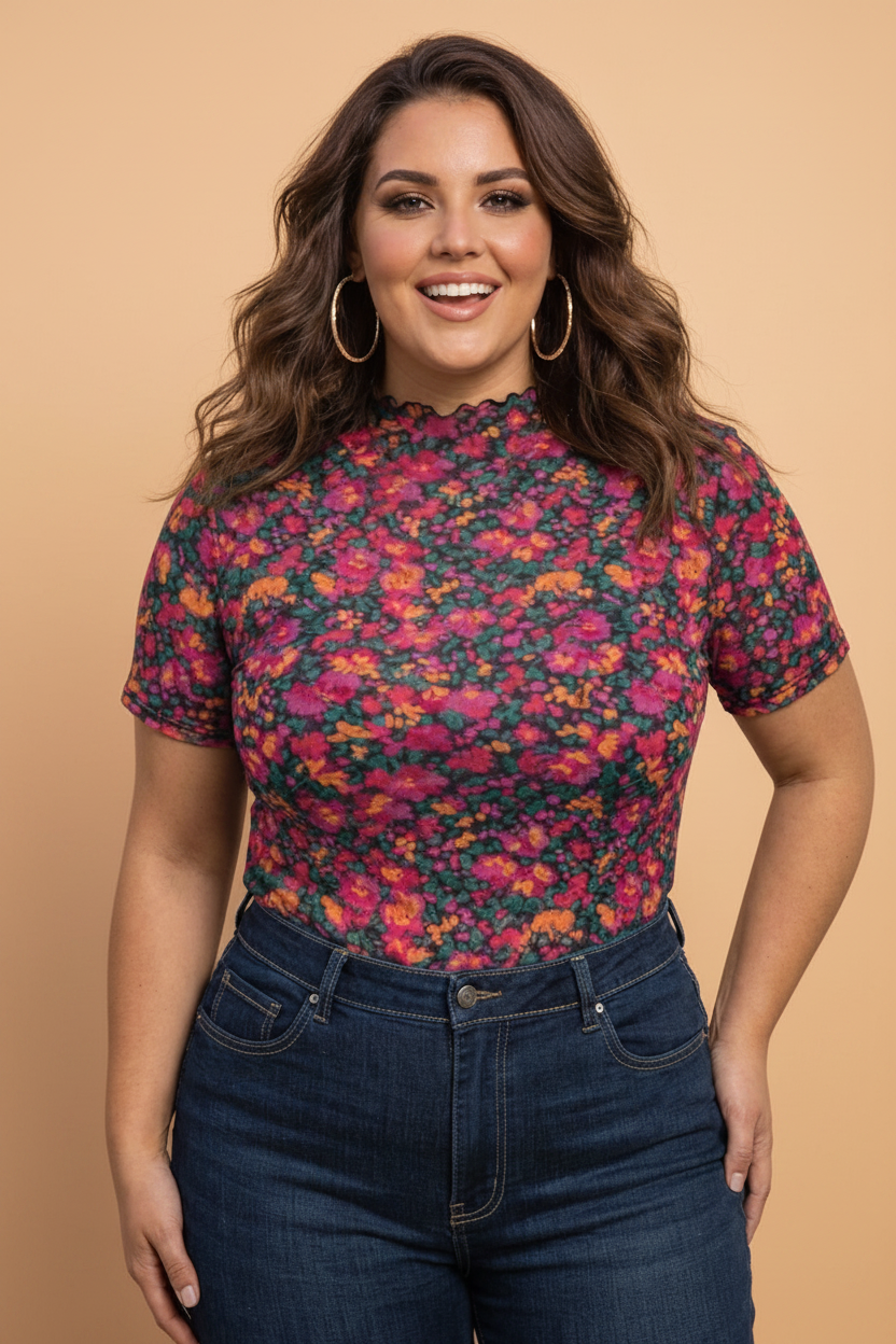 Plus Size Floral Mesh Short Sleeve Top