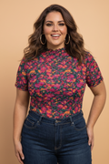 Plus Size Floral Mesh Short Sleeve Top
