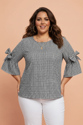 Plus Size Gingham Bow Ruffle Sleeve Top
