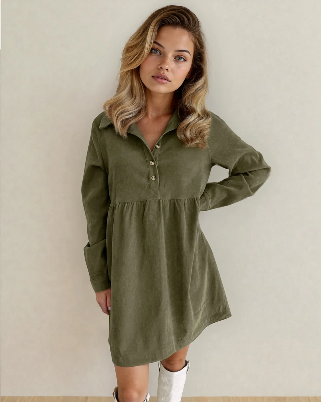 Abigail Corduroy Half Button Collared Long Sleeve Dress - Green