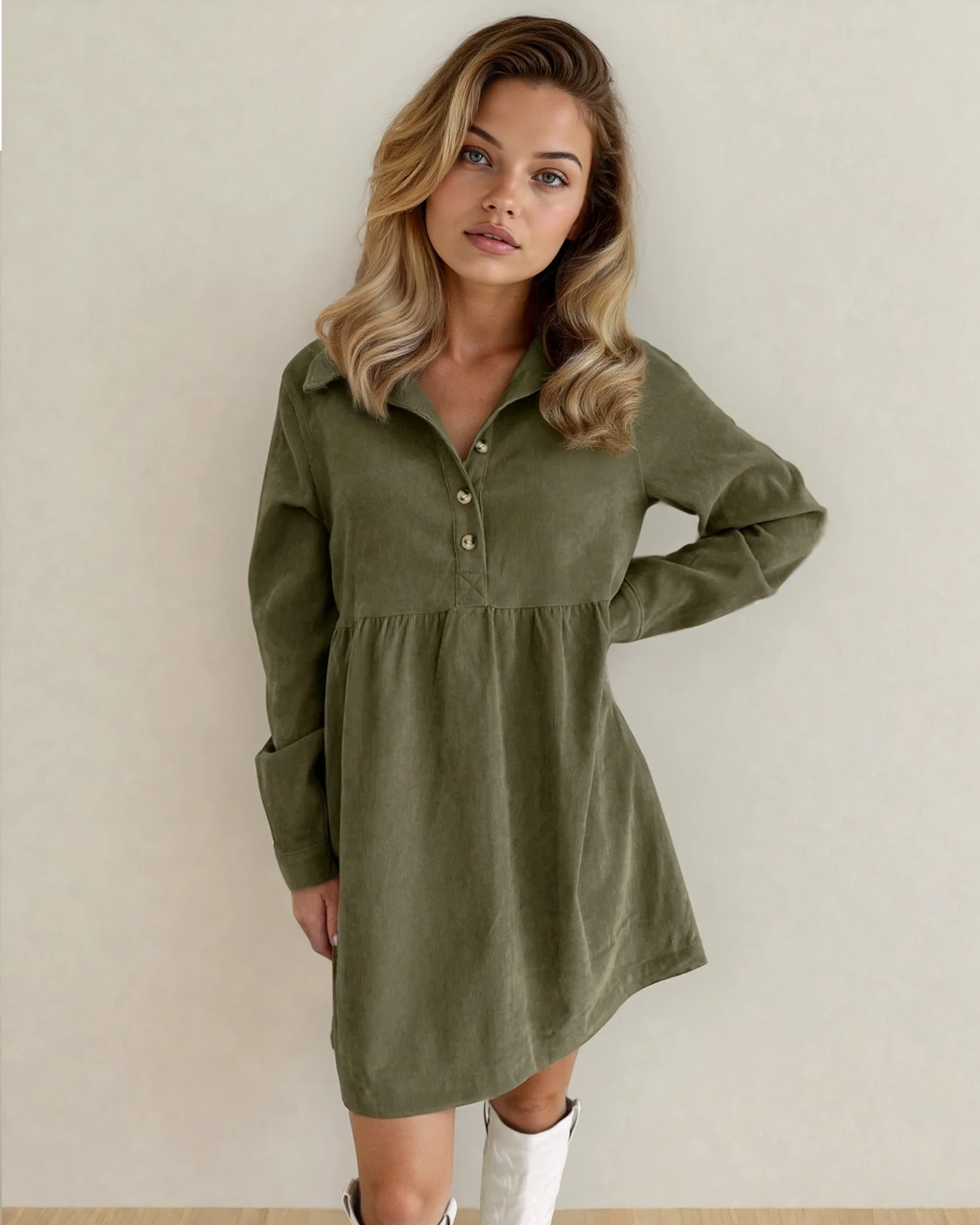 Abigail Corduroy Half Button Collared Long Sleeve Dress - Green