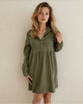 Abigail Corduroy Half Button Collared Long Sleeve Dress - Green