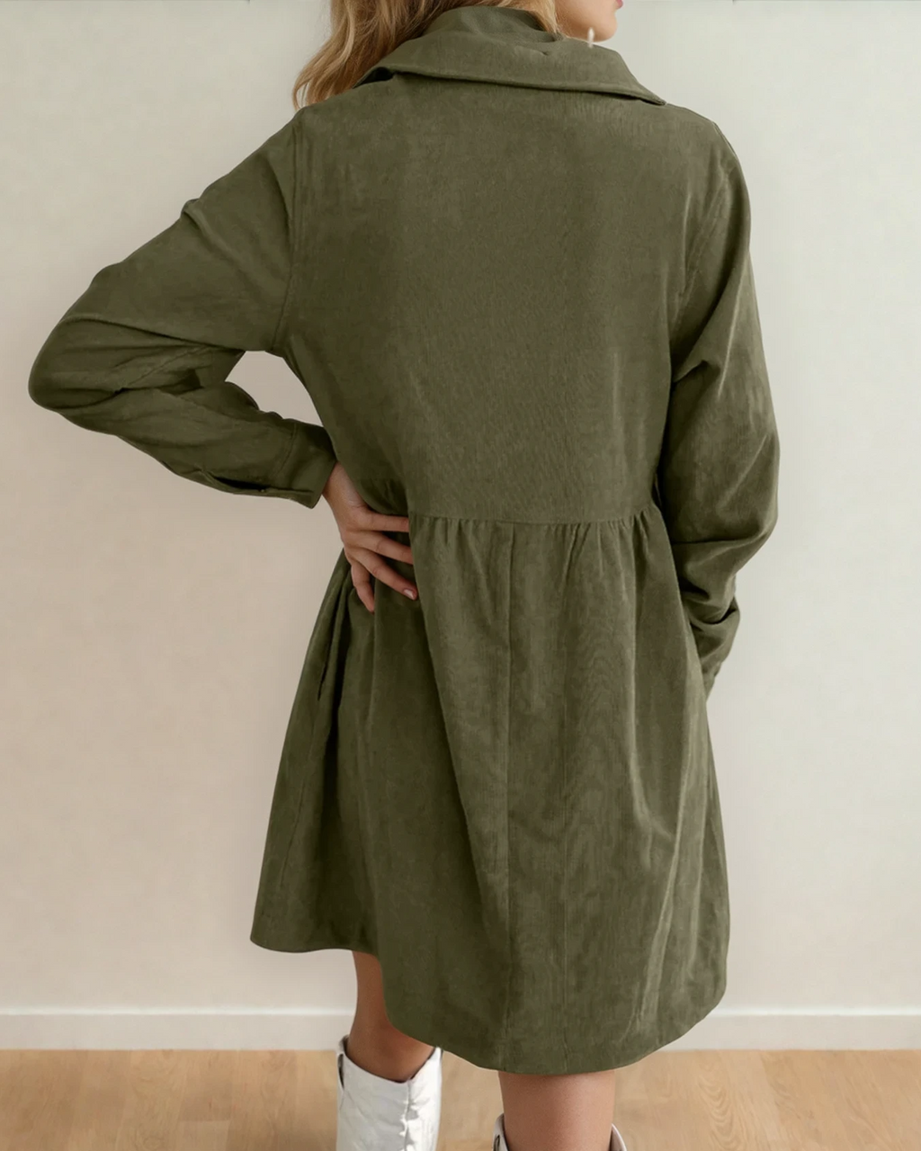 Abigail Corduroy Half Button Collared Long Sleeve Dress - Green