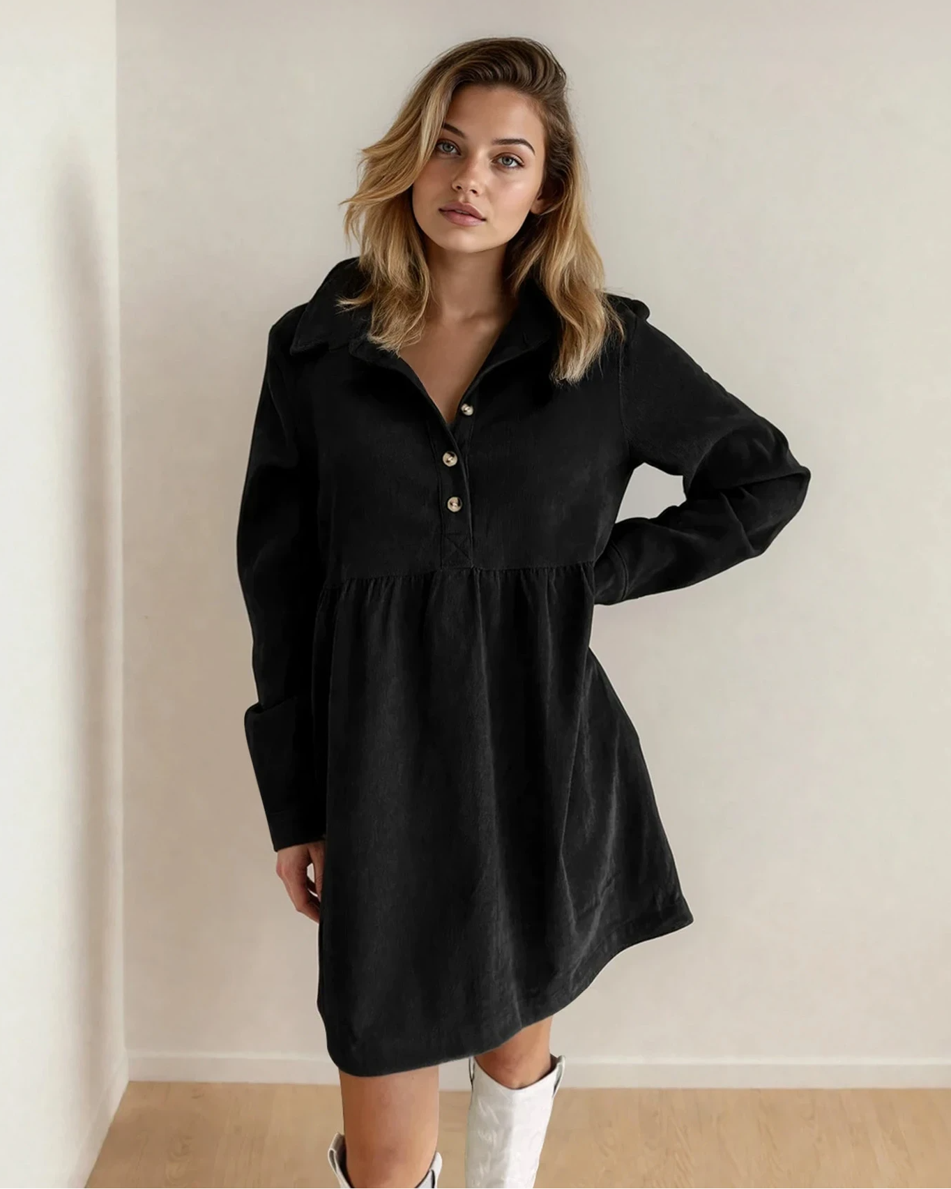 Abigail Corduroy Half Button Collared Long Sleeve Dress - Black