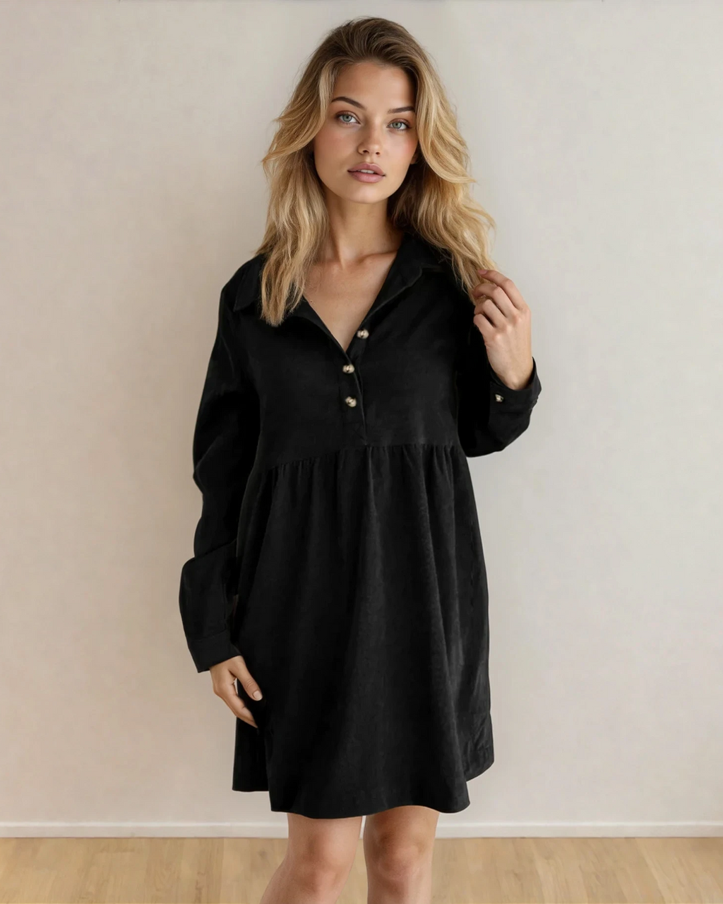 Abigail Corduroy Half Button Collared Long Sleeve Dress - Black