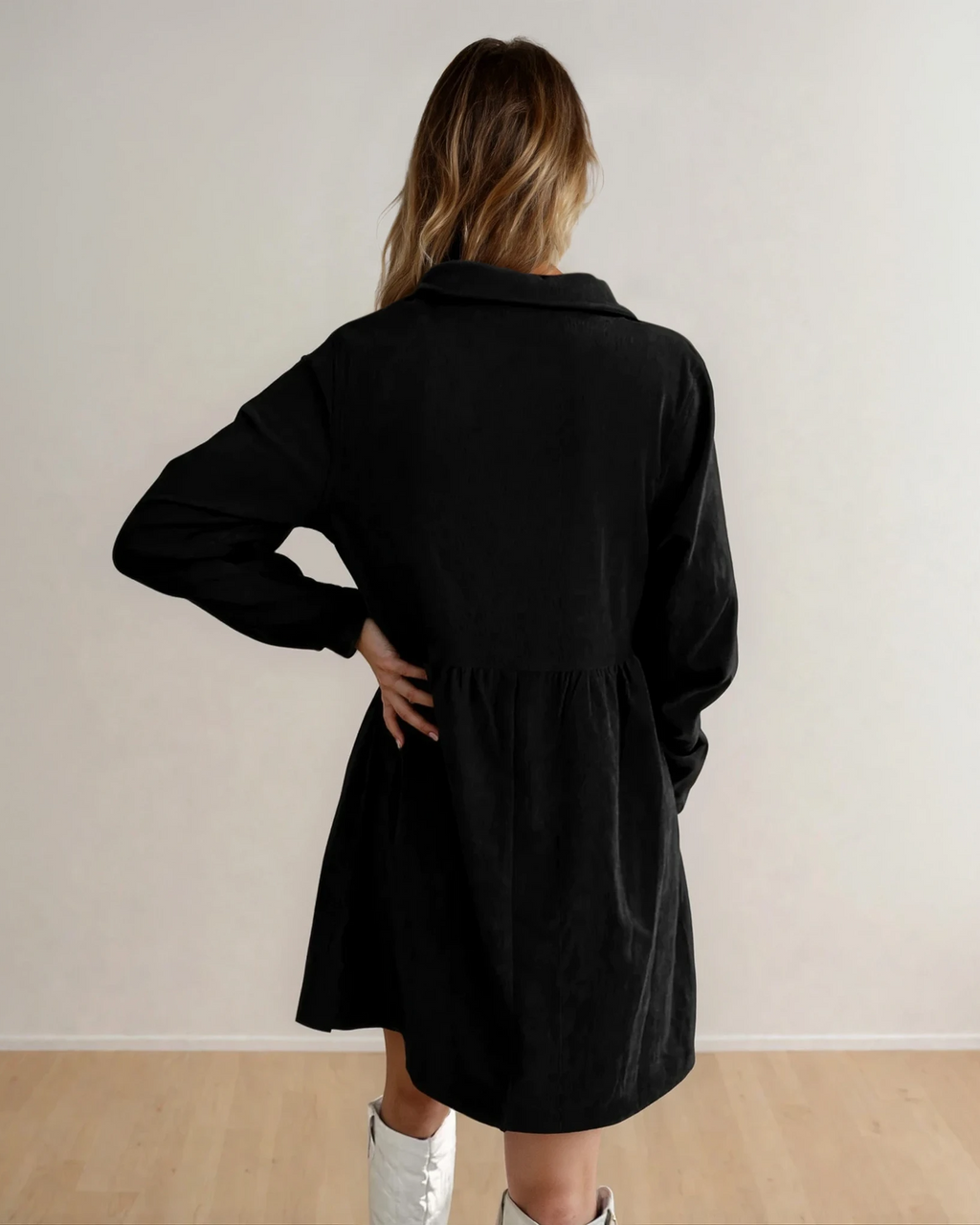 Abigail Corduroy Half Button Collared Long Sleeve Dress - Black
