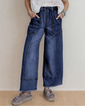 PREORDER Beau Blue Drawstring Seam Detail Raw Hem Wide Leg Jeans - Dark Wash