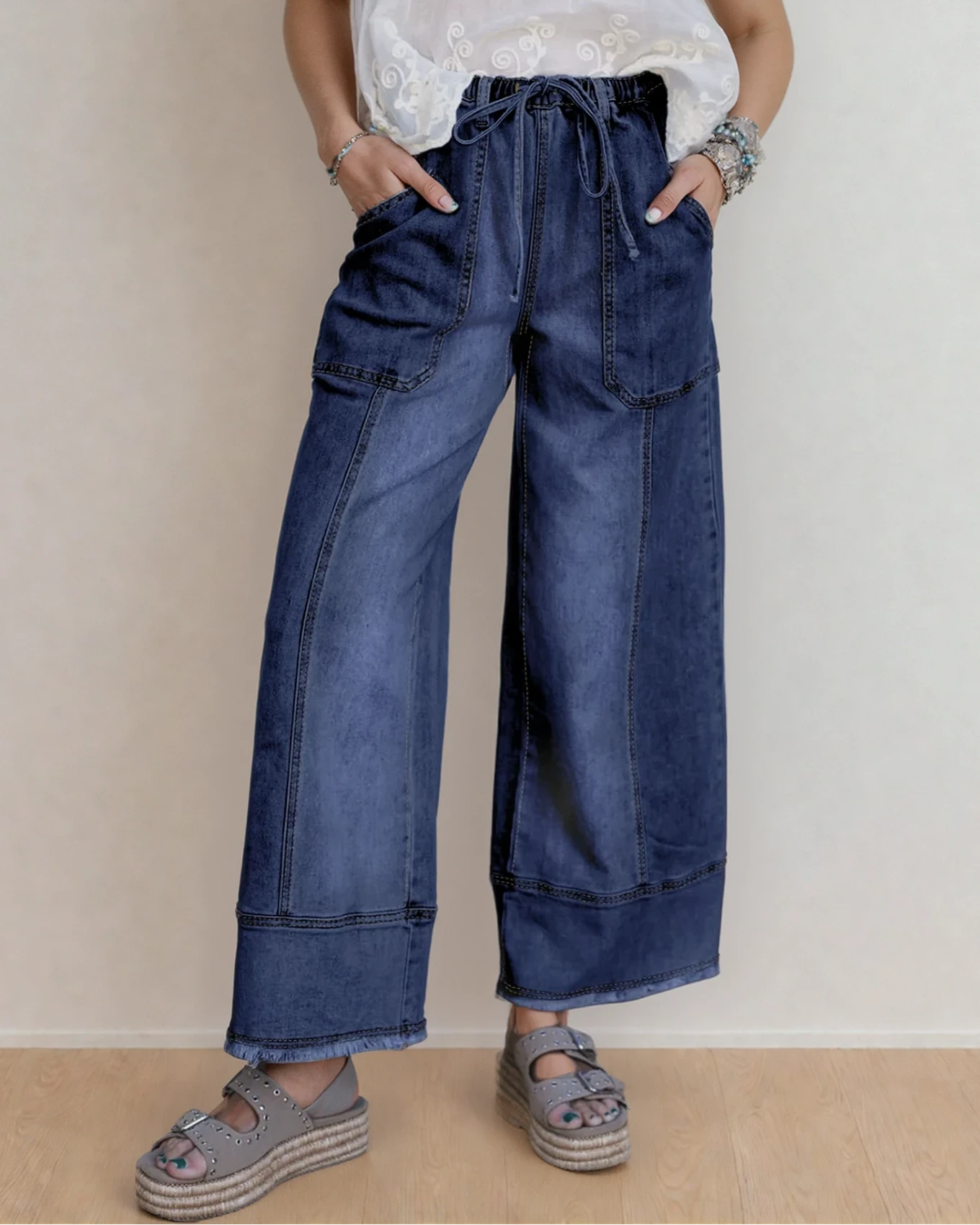 PREORDER Beau Blue Drawstring Seam Detail Raw Hem Wide Leg Jeans - Dark Wash