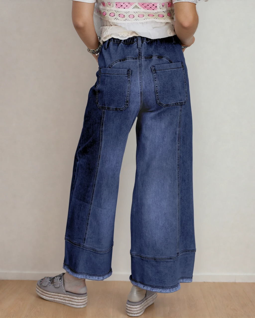 PREORDER Beau Blue Drawstring Seam Detail Raw Hem Wide Leg Jeans - Dark Wash
