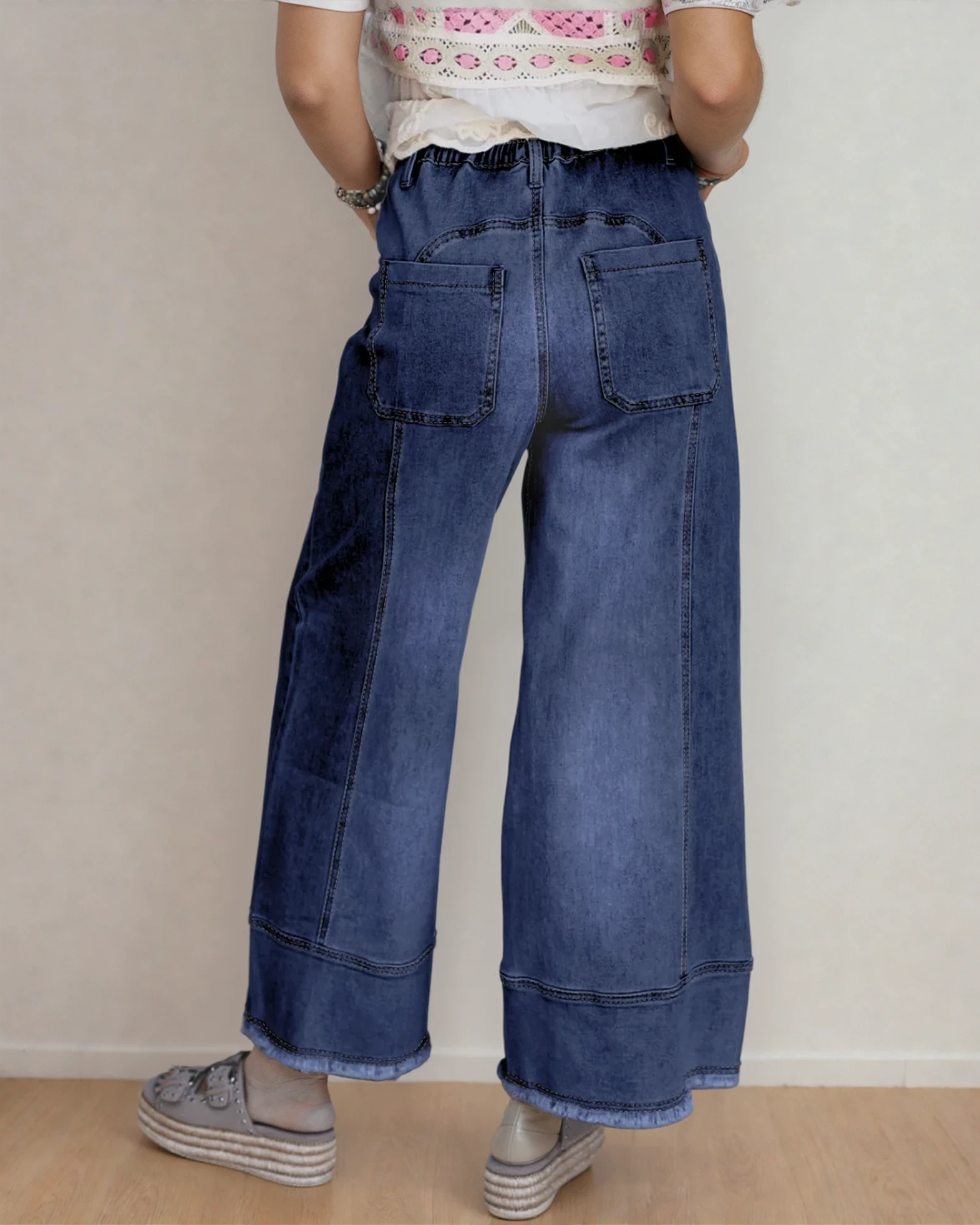 PREORDER Beau Blue Drawstring Seam Detail Raw Hem Wide Leg Jeans - Dark Wash