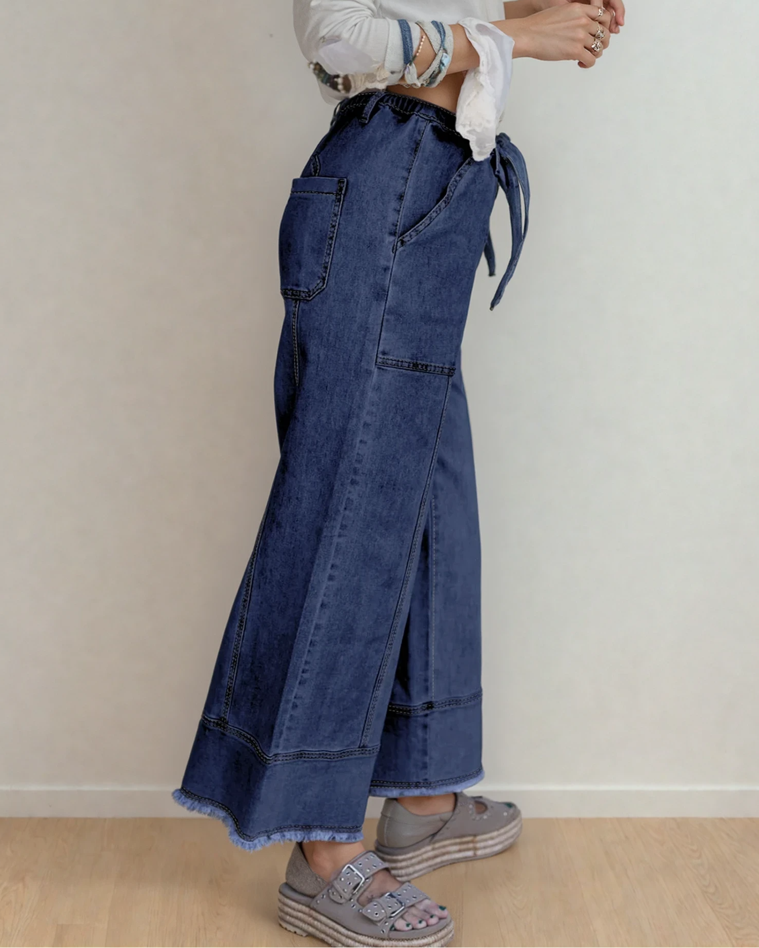 PREORDER Beau Blue Drawstring Seam Detail Raw Hem Wide Leg Jeans - Dark Wash