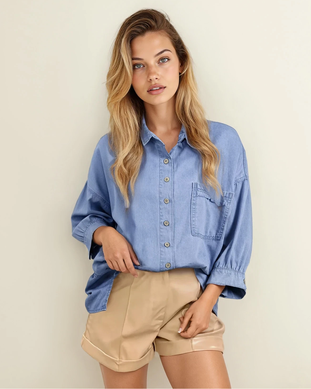 Blake Washed Drop Shoulder Bracelet Sleeve Chambray Shirt