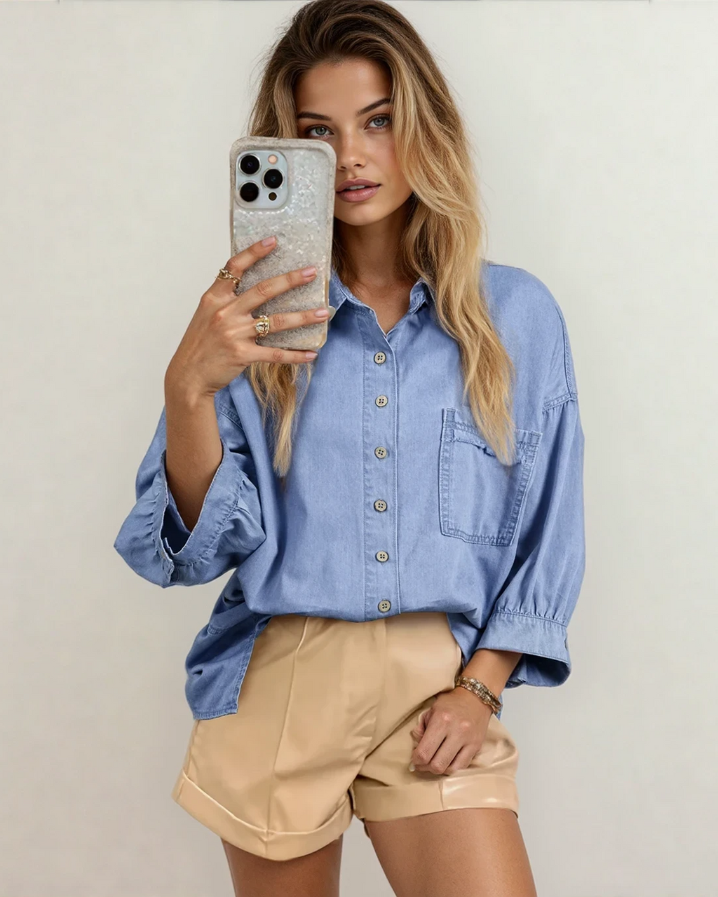 Blake Washed Drop Shoulder Bracelet Sleeve Chambray Shirt