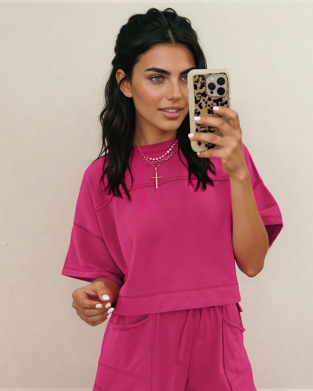 Drop Shoulder Boxy Tee and Barrel Pants Set - Rose Red