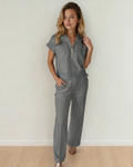 Addyson Half Zip Polo Tee Casual Pant Set - Gray