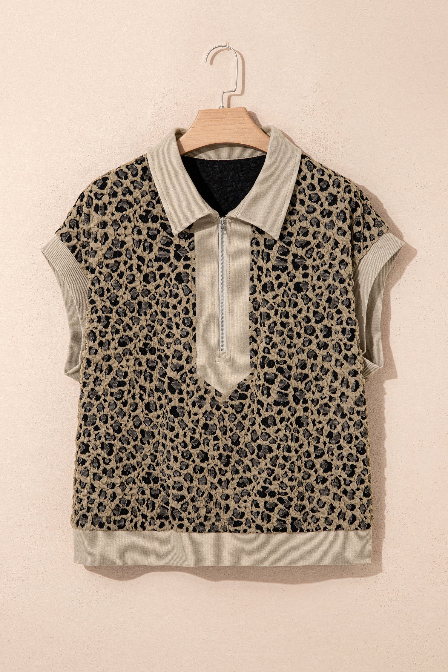 Plus Size Leopard Patchwork Ribbed Zip Up Collar Top