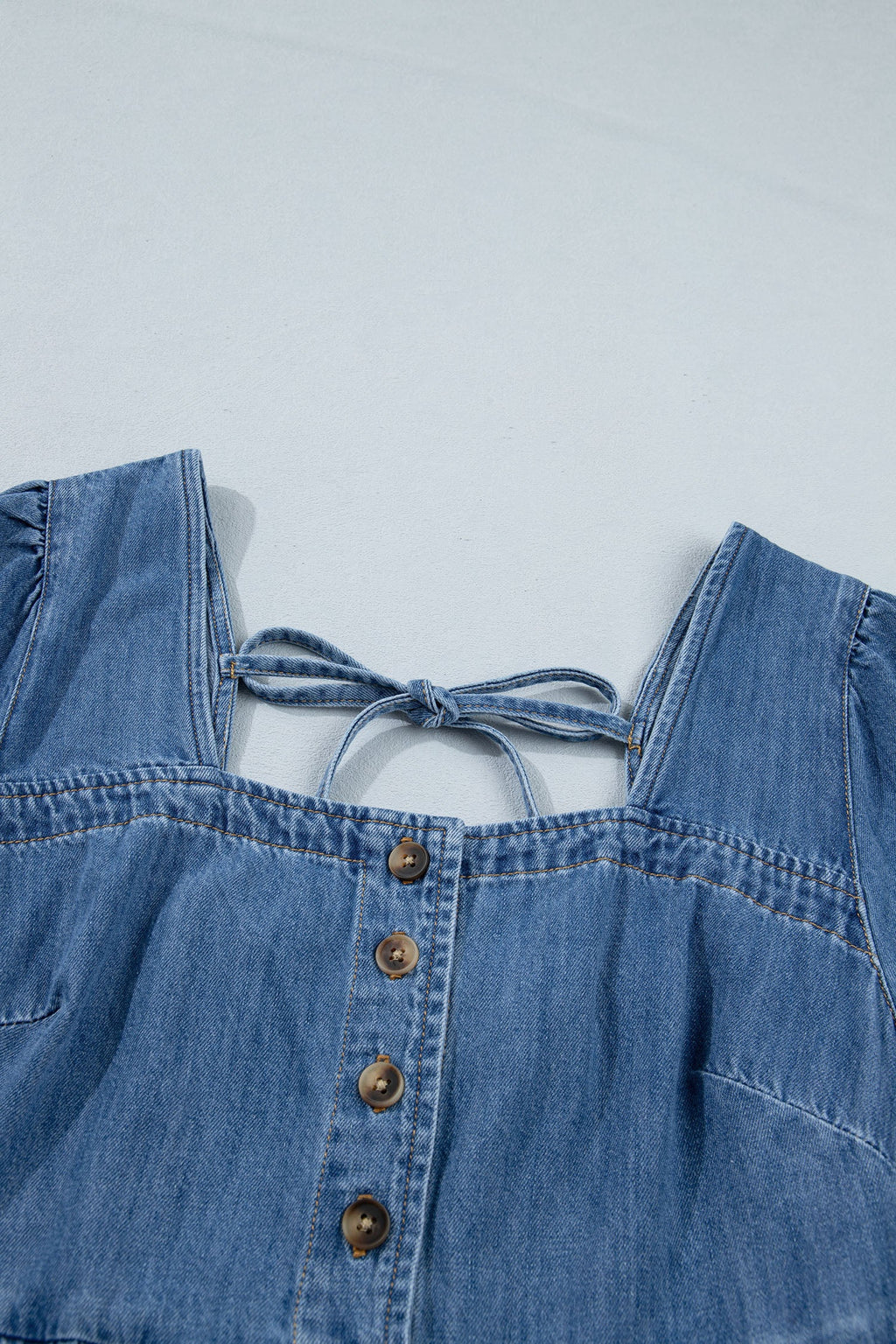 Denim Button Square Neck Puff Sleeve Mini Dress