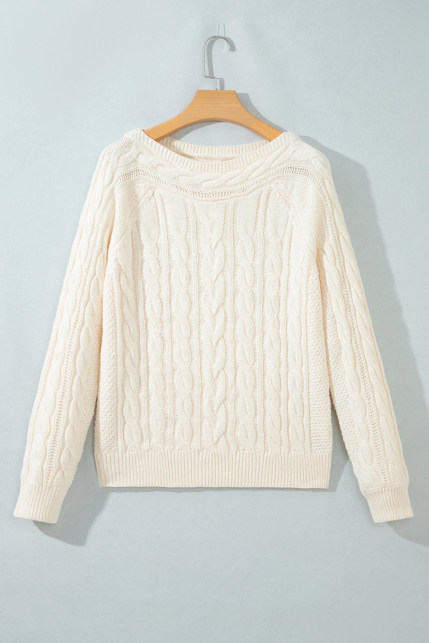 Solid Cable Knit Round Neck Long Sleeve Sweater