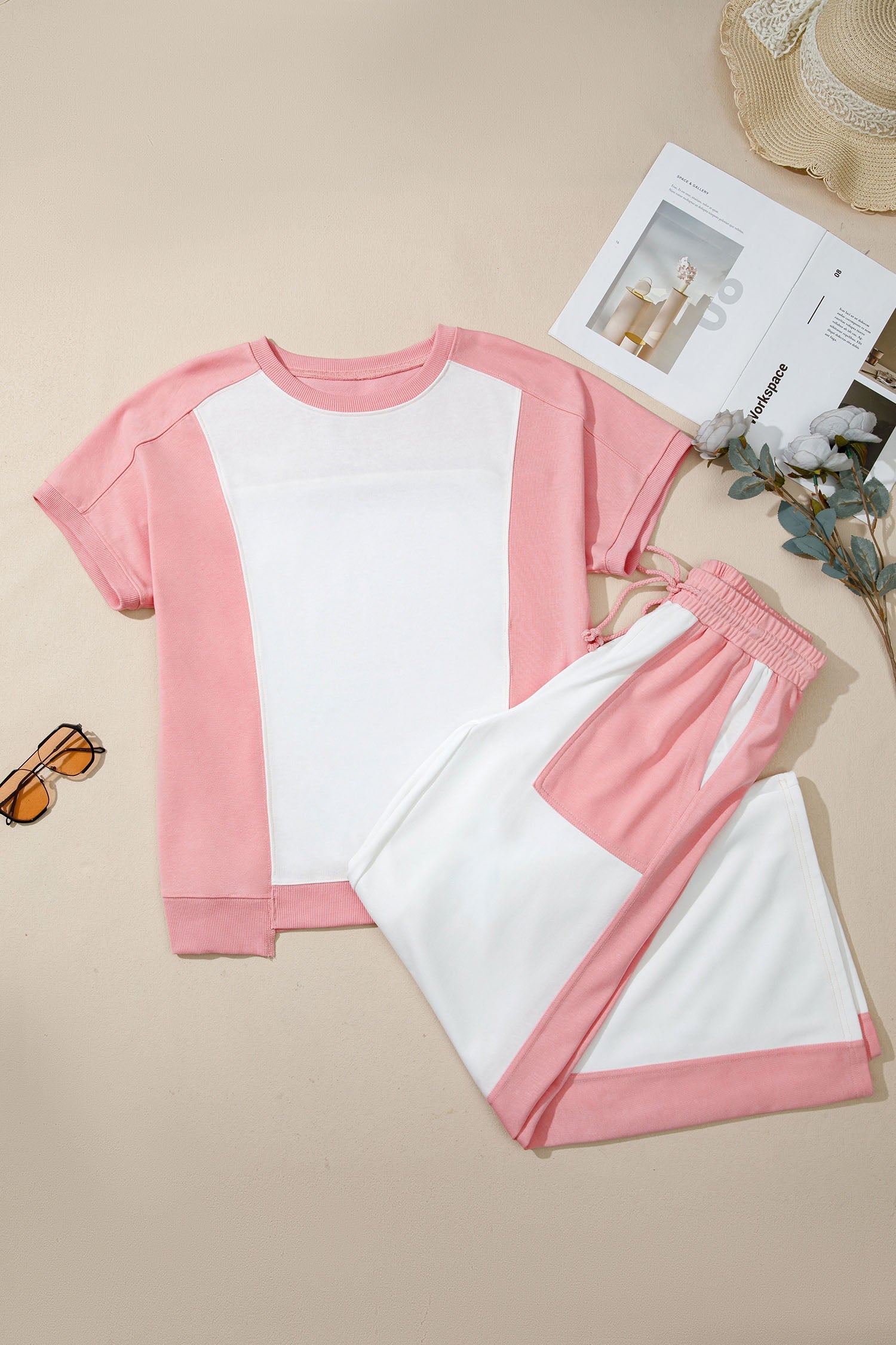 Colorblock Patchwork Tee & Drawstring Pant Set