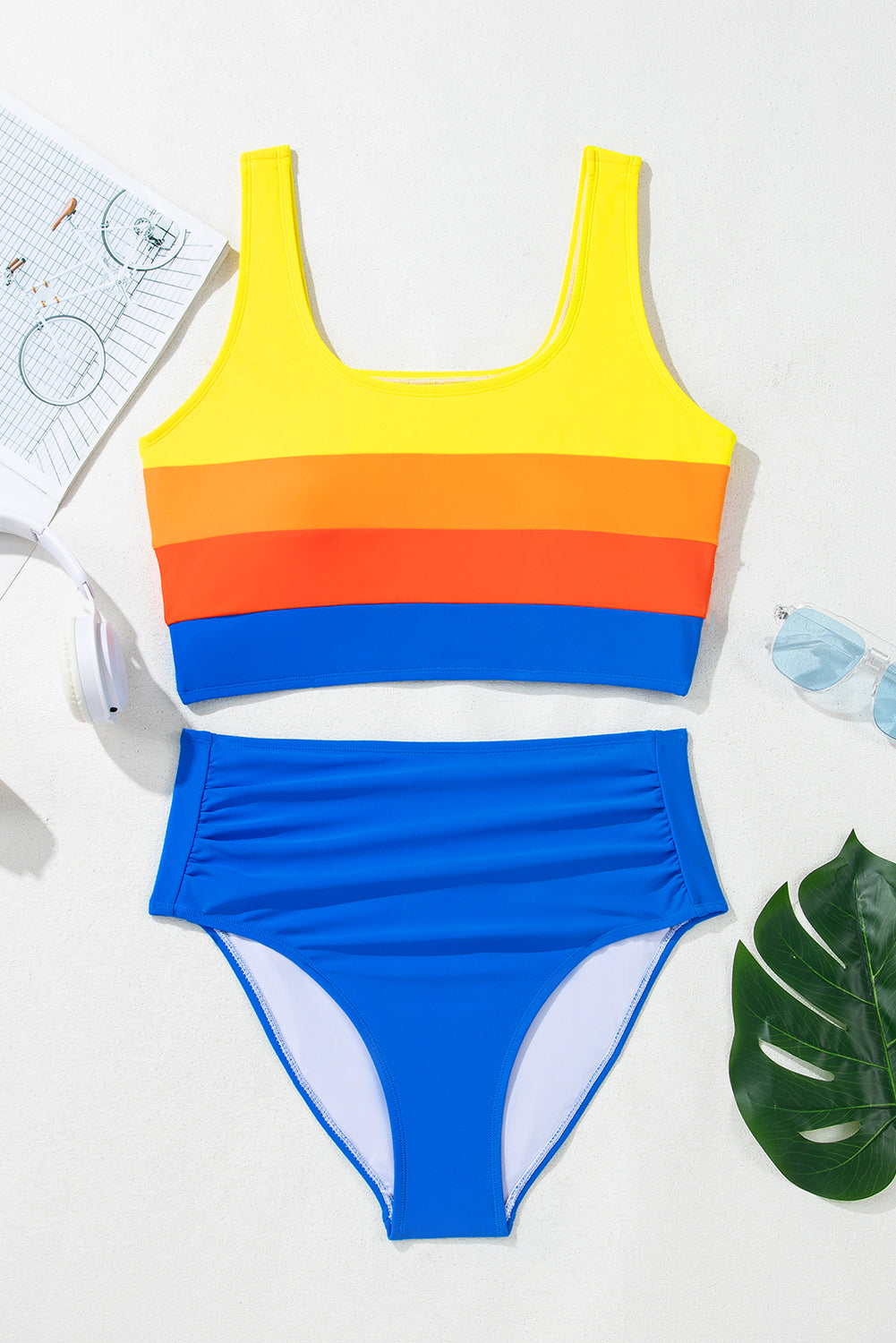 Colorblock Square Neck Top & High Waist Bikini Set