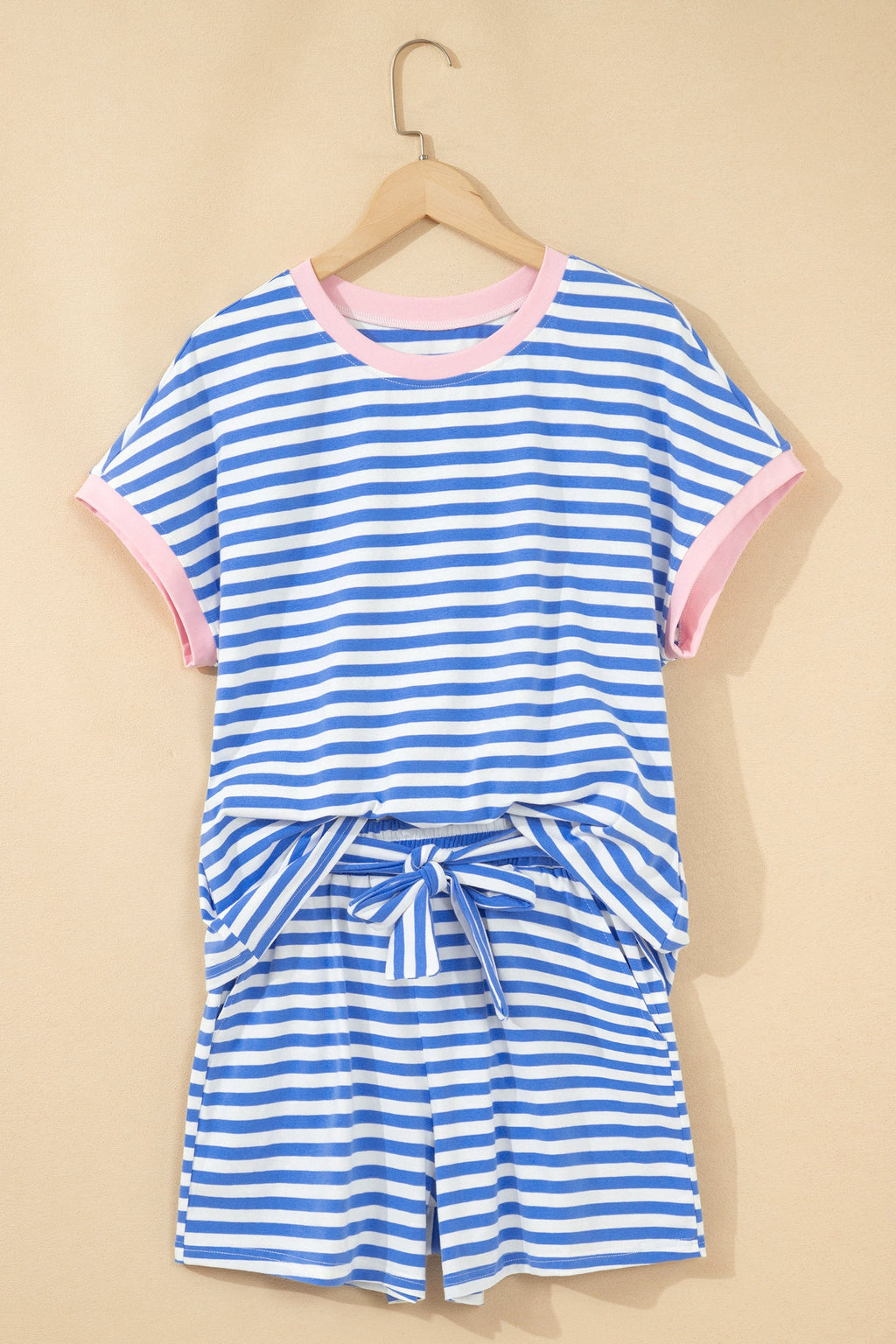 Stripe Crewneck Tee & Tie Waist Shorts Set
