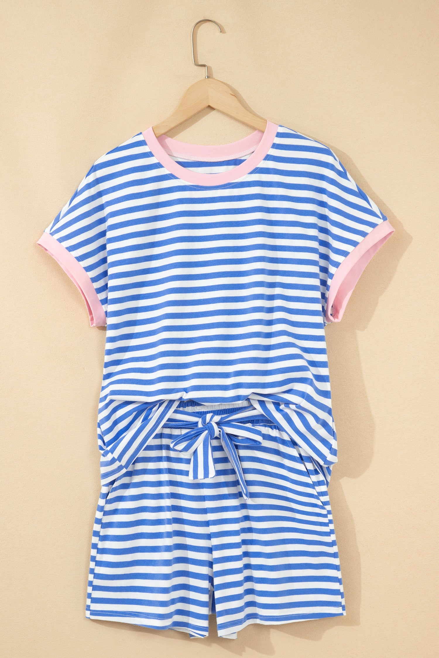 Stripe Crewneck Tee & Tie Waist Shorts Set