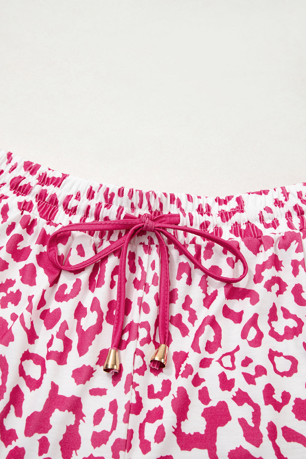 Leopard Contrast Trim Elastic Waist Drawstring Shorts